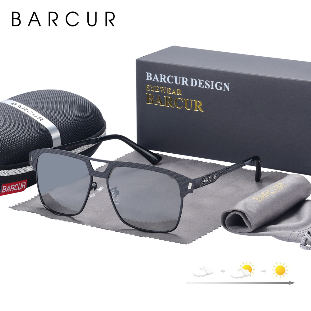 BARCUR 스퀘어 포토 크로 믹 선글라스 남자 편광 된 운전 태양 안경 망 태양 안경 UV400 안경 액세서리